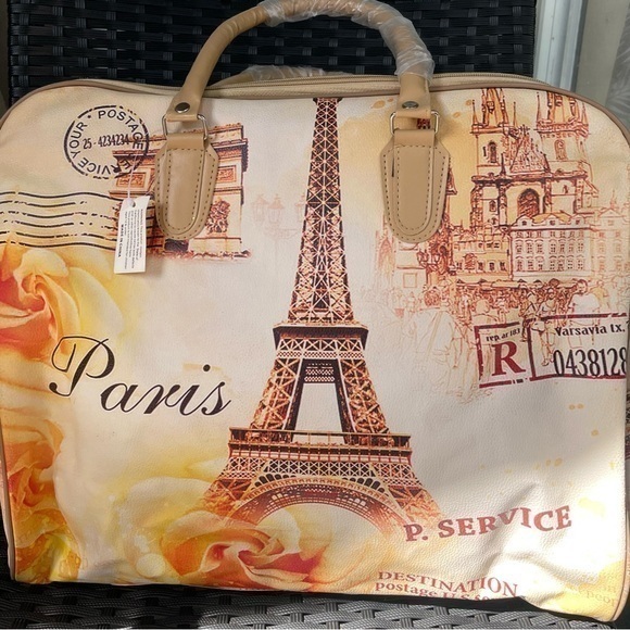 Handbags - Women’s Bag,Paris Print Women's Bag - Tan and Cream,travel Bag,
